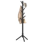 VASAGLE Perchero, Madera Maciza, en Forma de Árbol, 8 Ganchos para Chaquetas, Sombreros, para Pasillo, Ganchos y Barra de Soporte de Madera de Caucho, Negro RCR004B01