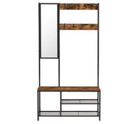 VASAGLE Perchero, Mueble Recibidor con Ganchos, Espejo, Banco Zapatero y Estantes, 36 x 98 x 185 cm, para Pasillo Dormitorio Salón, Marrón Rústico y Negro/Roble y Blanco Roble y Blanco