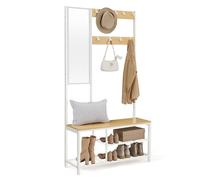 VASAGLE Perchero, Mueble Recibidor con Ganchos, Espejo, Banco Zapatero y Estantes, 36 x 98 x 185 cm, para Pasillo Dormitorio Salón, Roble y Blanco HSR050W09