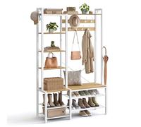 VASAGLE Perchero Recibidor con Banco Zapatero, 7 Estantes y 9 Ganchos | Para Ropa, 6 Ganchos Laterales, 120 x 40 x 190 cm, Roble Dorado y blanco mate, Colección DACEY HSR426Y01