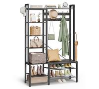VASAGLE Perchero Recibidor con Banco Zapatero y 5 Estantes de Almacenaje, 9 Ganchos para Ropa y 6 Ganchos Laterales, 40 x 120 x 190 cm, Gris Piedra y Negro Tinta HSR426B04