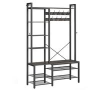 VASAGLE Perchero Recibidor con Banco Zapatero y 5 Estantes de Almacenaje, 9 Ganchos para Ropa y 6 Ganchos Laterales, 40 x 120 x 190 cm, Marrón Rústico y Negro Tinta/Gris Piedra y Negro Tinta/Roble Dor