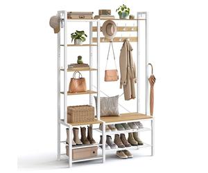 VASAGLE Perchero Recibidor con Banco Zapatero y 5 Estantes de Almacenaje, 9 Ganchos para Ropa y 6 Ganchos Laterales, 40 x 120 x 190 cm, Roble Dorado y Blanco Nube HSR426Y01