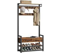 VASAGLE Perchero Recibidor, Mueble de Entrada con 10 Ganchos Extraíbles, 2 Cajones, Banco Zapatero, Diseño Separable, 30 x 80,4 x 181,6 cm, Marrón Rústico y Negro Tinta/Gris Carbón y Negro/Roble Gris
