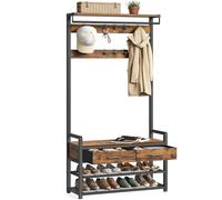 VASAGLE Perchero Recibidor, Mueble de Entrada con 10 Ganchos Extraíbles, 2 Cajones, Banco Zapatero, Diseño Separable, 30 x 80,4 x 181,6 cm, Marrón Rústico y Negro Tinta HSR429B01