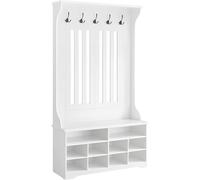 VASAGLE Perchero Recibidor, Perchero con Banco, Zapatero, 5 Ganchos Triples, Independiente, Ahorro de Espacio, para Vestíbulo, Entrada, Pasillo, Estantes Ajustables, Blanco Nube, Regalo de Navidad