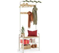 VASAGLE, perchero, soporte para zapatos con asiento, perchero con 9 ganchos desmontables, banco, 2 estantes de rejilla, 183 cm de altura, diseño industrial
