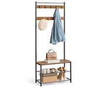 VASAGLE Perchero Zapatero, 3 en 1, Estructura de Acero, 70x32,5x175 cm | Banco Recibidor, para Entrada Pasillo, Tradicional básico, Marrón Miel y Negro Mate, Colección DACEY HSR041B41