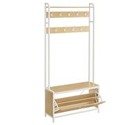 VASAGLE Perchero Zapatero, Perchero Recibidor, con Banco Zapatero, 9 Ganchos, Estante Superior, Pasillo Dormitorio Salón, Estilo Moderno, Roble y Blanco HSR405W09