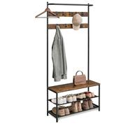 VASAGLE Perchero Zapatero con Banco, 9 Ganchos Extraíbles | Perchero Recibidor, 32,2 x 84 x 180 cm, Barra Superior, Industrial, Marrón Rústico y Negro, Colección BARNET HSR421B01