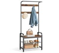 VASAGLE Perchero Zapatero, Perchero con Banco Recibidor, 4 en 1, 9 Ganchos Extraíbles, Barra Superior, para Entrada Pasillo, 33,7 x 72 x 183 cm, Industrial, Marrón Rústico y Negro HSR40B