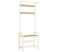 VASAGLE Perchero Zapatero, Perchero con Banco Recibidor, 4 en 1, 9 Ganchos Extraíbles, Barra Superior, para Entrada Pasillo, 33,7 x 72 x 183 cm, Moderno, Roble y Blanco HSR40W