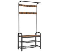VASAGLE Perchero Zapatero, Perchero con Banco Recibidor, 4 en 1, 9 Ganchos Extraíbles, Barra Superior, para Entrada Pasillo, 33,7 x 84 x 183 cm, Industrial, Marrón Rústico y Negro HSR400B01
