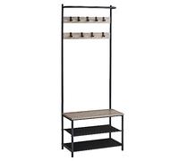 VASAGLE Perchero Zapatero, Perchero Recibidor, con Banco Zapatero, 9 Ganchos Extraíbles, Barra Superior, 32,2 x 64 x 180 cm, Entrada Dormitorio, Industrial, Greige y Negro HSR411B02