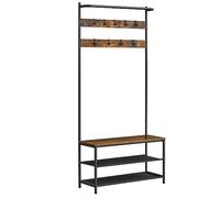 VASAGLE Perchero Zapatero, Perchero Recibidor, con Banco Zapatero, 9 Ganchos Extraíbles, Barra Superior, 32,2 x 84 x 180 cm, Entrada Dormitorio, Industrial, Marrón Rústico y Negro HSR421B01