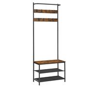 VASAGLE Perchero Zapatero, Perchero Recibidor, con Banco Zapatero, 9 Ganchos ExtraÍbles, Barra Superior, 32,2 x 64 x 180 cm, Entrada Dormitorio, Industrial, Marrón Rústico y Negro/Greige y Negro, Marr