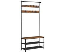 VASAGLE Perchero Zapatero, Perchero Recibidor, con Banco Zapatero, 9 Ganchos Extraíbles, Barra Superior, 32,2 x 84 x 180 cm, Entrada Dormitorio, Industrial, Marrón Rústico y Negro, Regalo de Navidad M