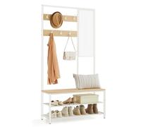 VASAGLE Perchero Zapatero, Perchero Recibidor con Ganchos, Espejo, Banco Zapatero y Estantes, 35 x 98 x 180 cm, Pasillo Dormitorio Salón, Moderno, Roble y Blanco Nube HSR415W09