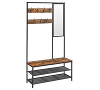 VASAGLE Perchero Zapatero, Perchero Recibidor con Ganchos, Espejo, Banco Zapatero y Estantes, 35 x 98 x 180 cm, Pasillo Dormitorio Salón, Industrial, Marrón Rústico y Negro Tinta HSR415B01