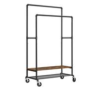 VASAGLE Riel de ropa doble, percha con rieles colgantes dobles, estantes y ruedas, diseño de tubo industrial, marrón rústico y negro Rustic brown, black