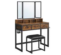 VASAGLE RVT004B01 - Conjunto de Armario Inferior con Taburete tapizado, 3 cajones, Soporte para secador de Pelo, tocador, Estilo Industrial, rústico, marrón y Negro