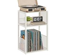 VASAGLE Soporte para tocadiscos, mesa auxiliar de 3 niveles, almacenamiento de discos de vinilo hasta 100 álbumes, mesa auxiliar para salón, dormitorio, blanco rústico ULET275W01