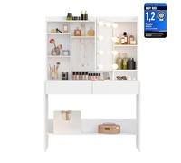 VASAGLE Tocador con 9 Bombillas LED, Regleta, Espejo, 2 Cajones | Mesa de Maquillaje, 3 Colores con Brillo Ajustable, Estantes Ajustables, Estilo Moderno, Blanco, Colección KAILYN RDT126W01
