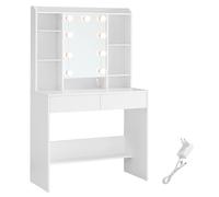 VASAGLE Tocador con 9 Luces LED 3 Tonos y Brillo Ajustable, Mesa de Maquillaje con Espejo, 9 Bombillas, Estantes Ajustables, 2 Cajones, Tocador Moderno, Blanco Nube(Este producto se envía en dos paque