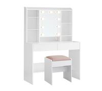 VASAGLE Tocador con 9 Luces LED, Taburete Tapizado, Moderno | 3 Colores con Luminosidad Regulable, para Dormitorio, Blanco Nube, Blanco Mate y Rosa Jalea