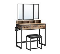 VASAGLE Tocador con Espejo Triple y Taburete, 3 Cajones | Escritorio de Maquillaje, Soporte para Secador, Estilo Tradicional, Marrón Catalpa y Negro, Colección DACEY RVT004B50