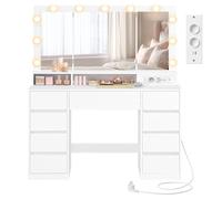 VASAGLE Tocador con Espejo y Luces LED con Brillo Ajustable, 9 Cajones | Mesa de Maquillaje, 3 Compartimentos, Moderno, Blanco Nube, KAILYN Colección RDT146WB01
