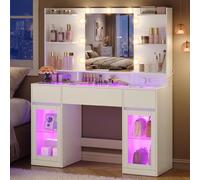 VASAGLE Tocador con Espejo y Luces RGB con Brillo Ajustable, 2 Cajones | Mesa de Maquillaje, 3 Compartimentos, Moderno, Blanco Nube, Kailyn Colección RDT145WB01