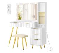 VASAGLE Tocador con Espejo y Taburete, Mesa de Maquillaje con Cajones, Lupa de 10x, Iluminación LED, Bandeja para Joyas, Enchufe Múltiple, 40 x 110 x 135 cm, Blanco Nube, Regalo de Navidad