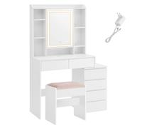 VASAGLE Tocador con Iluminación LED, 3 Colores de Luz Ajustables, Tocador con Espejo, Cajones, Compartimentos Abiertos, con Taburete, Estantes Ajustables, Moderno, Blanco Nube, Regalo de Navidad