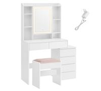 VASAGLE Tocador con Iluminación LED, 3 Colores de Luz Ajustables, Tocador con Espejo, Cajones, Compartimentos Abiertos, con Taburete, Estantes Ajustables, Moderno, Blanco Nube, Regalo de Navidad