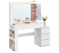 VASAGLE Tocador con Iluminación LED, con Espejo, Joyero, Regleta de Enchufes, 40 x 125 x 140 cm, con Cajones, Moderno, Blanco Nube, Regalo de Navidad