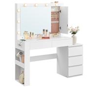 VASAGLE Tocador con Iluminación LED, Espejo y Cajones, 40 x 125 x 140 cm | Mesa de Maquillaje, Regleta de Enchufes, Moderno, Blanco Nube, Colección KAILYN RDT127W01
