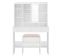 VASAGLE Tocador con Iluminación LED, Taburete Tapizado, Estable, Moderno | Espejo de Maquillaje, Blanco, Blanco Mate y Rosa Jalea
