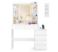 VASAGLE Tocador con Luces LED de Brillo Ajustable, 105 x 40 x 145 cm | Mesa de Maquillaje con Espejo, Compartimentos Abiertos, Estantes Ajustable, Blanco Nube, Colección KAILYN RDT144WB01