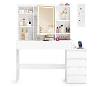 VASAGLE Tocador con Luces LED de Brillo Ajustable, 124,7 x 40 x 145 cm | Mesa de Maquillaje con Espejo, Compartimentos Abiertos, Estantes Ajustable, Blanco Nube, Colección KAILYN RDT644WB01