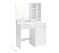 VASAGLE Tocador con Luces LED, Regleta de Enchufes, Tocador con Cajones, Estantes Ajustables, Joyero, Ancho de 90/110 cm, para Dormitorios, Blanco Nube