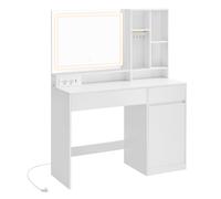 VASAGLE Tocador con Luces LED, Regleta de Enchufes, Tocador con Cajones, Estantes Ajustables, Joyero, Ancho de 90/110 cm, para Dormitorios, Blanco Nube