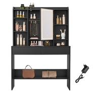 VASAGLE Tocador con Luces LED, Regleta, Espejo, 2 Cajones | Mesa de Maquillaje, 3 Colores con Brillo Ajustable, Estantes Ajustables, Estilo Moderno, Negro, Colección KAILYN RDT123B01