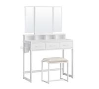 VASAGLE Tocador con Taburete Acolchado, tocador con Espejo Triple, 3 cajones, Soporte para secador de Pelo, Estilo cosmético, Moderno, Blanco RVT004W14