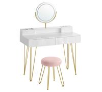 VASAGLE Tocador con Taburete e Iluminación, Regleta de Enchufes, Espejo Giratorio, Tocador, 40 x 100 x 134,8 cm, Tocador con Cajones, Taburete Tapizado, Blanco Mate y Dorado Pálido