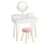 VASAGLE Tocador con Taburete e Iluminación, Regleta de Enchufes, Espejo Giratorio, Tocador, 40 x 80 x 134,8 cm, Tocador con Cajones, Taburete Tapizado, Blanco Mate y Dorado Pálido, Regalo de Navidad