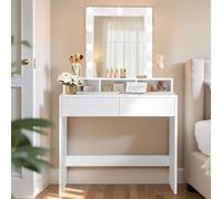 VASAGLE Kailyn Colección - Tocador, Luces LED, Iluminación Regulable en 3 Colores, Mesa de Maquillaje con Espejo, 2 Cajones y 3 Compartimentos, Moderno, Blanco RDT114W01