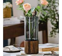 Vaso cilíndrico Unyqoos® de cristal transparente, fabricado a mano, con base de madera. Diseño moderno, 31 cm de alto. Ideal para flores y plantas, y como elemento decorativo para el hogar y la oficin