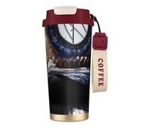 Vaso de café aislado personalizado único - Taza de viaje de acero inoxidable de 17 onzas, perfecta para bebidas frías y calientes, una foto del ático por la mañana, rojo