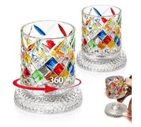 Vaso de cristal giratorio de 9 onzas con base giratoria de 360°, juego de 2 | Vaso de whisky giratorio, pintado a mano, vaso de whisky con patrón tejido, vasos de rocas antiguas, para cóctel, bourbon